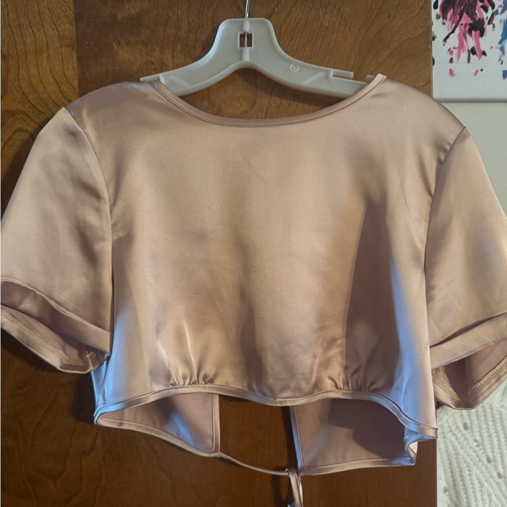 NWT Champagne Satin Crop Wrap Top